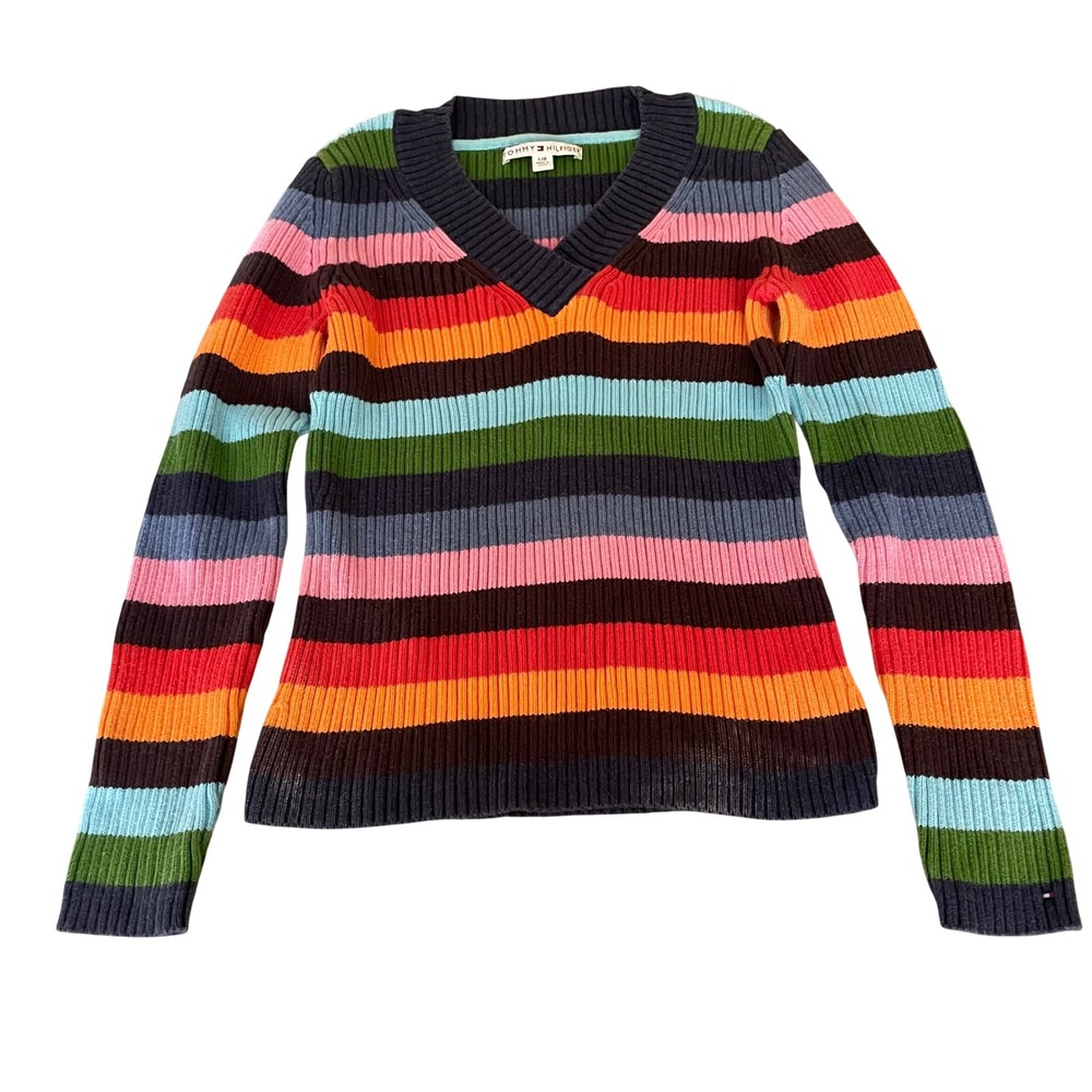 Tommy Hilfiger Womens Large Rainbow Striped Ribbed V-Neck Knit Sweater Multi